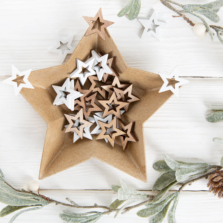 24 Weihnachten Tischdeko Holz Herz Baum Stern 3cm braun weiß