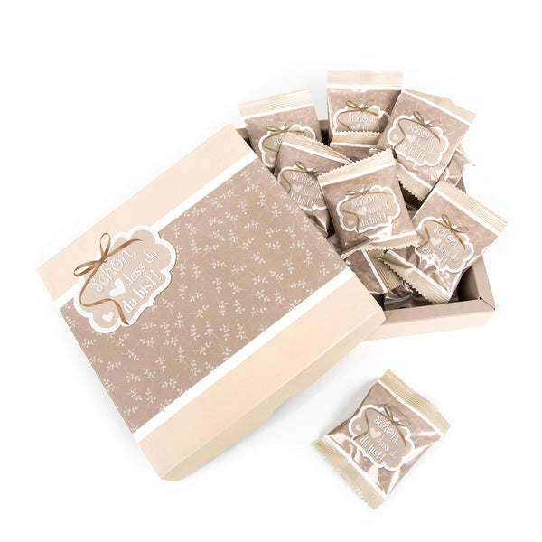 1 Geschenkkarton SCHÖN DASS DU DA BIST Herz grün weiß gepunktet MIT 25 mini-Tüten Gummibärchen Fruchtgummi Füllung Inhalt als Gastgeschenk Mitgebsel give-away Kunden Gäste