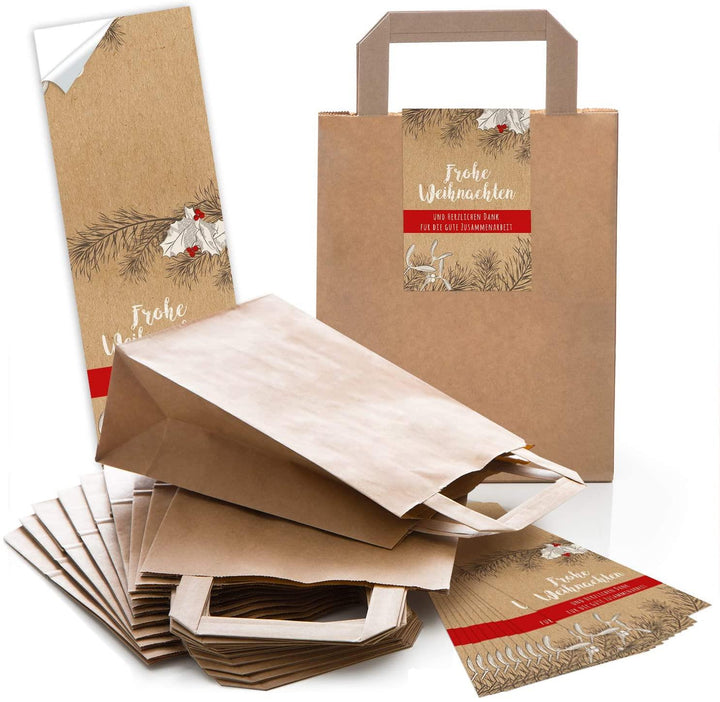 25 rote kleine Papiertüten Papiertaschen Boden u. Henkel 18 x 8 x 22 cm + 25 Banderolen Aufkleber 5 x 15 cm FROHE WEIHNACHTEN Stroh-Schmuck HERZ Plätzchen Verpackung weihnachtlich