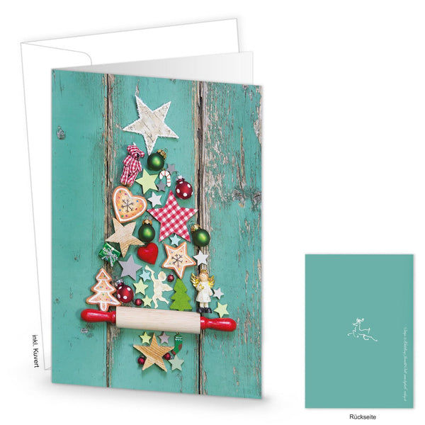Weihnachtskarten DIN A6 hoch Klappkarten türkis grün mit buntem Weihnachtsbaum & Briefumschläge 50 Stück