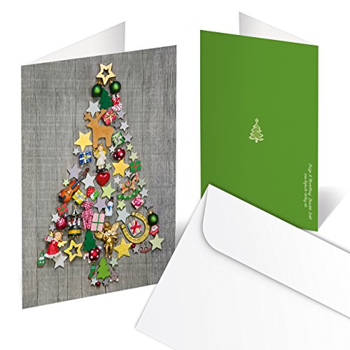 Weihnachtskarten DIN A6 hoch Klappkarten grau mit buntem Weihnachtsbaum rot grün & Umschläge 50 Stück