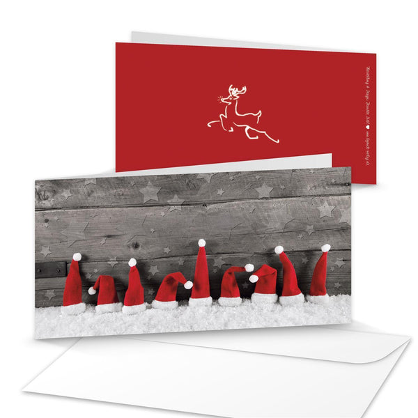 Umschläge + Weihnachtskarten DIN lang Klappkarten Holz-Optik mit Zipfelmützen-Motiv rot weiß 50 Stück