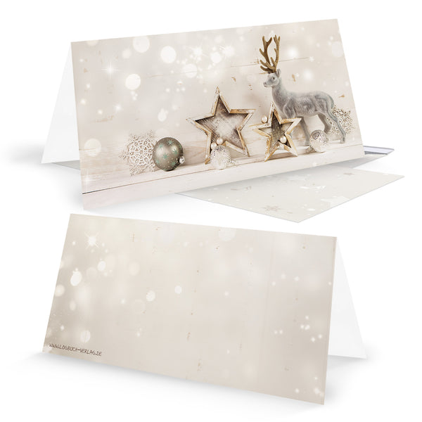 Weihnachtskarten DIN lang Klappkarten beige silber mit Hirsch-Motiv Shabby Chic & Briefumschläge 50 Stück
