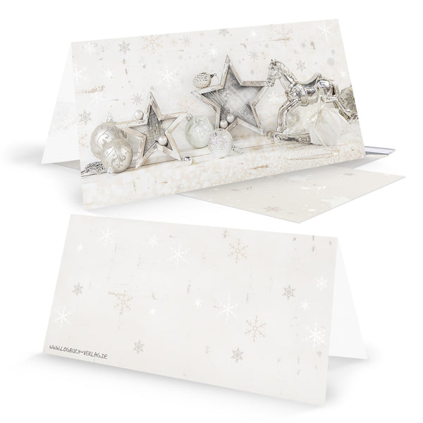 Weihnachtskarten DIN lang Klappkarten beige silber mit Schaukelpferd und Stern-Motiv Shabby Chic + Briefumschläge 100 Stück