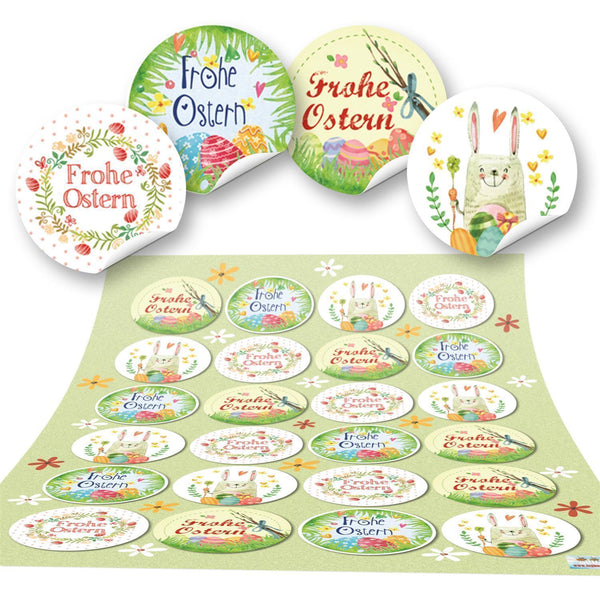 Bunte Osteraufkleber 4 cm rund - Frohe Ostern Aufleber farbenfroh 96 Aufkleber / 4 Bögen