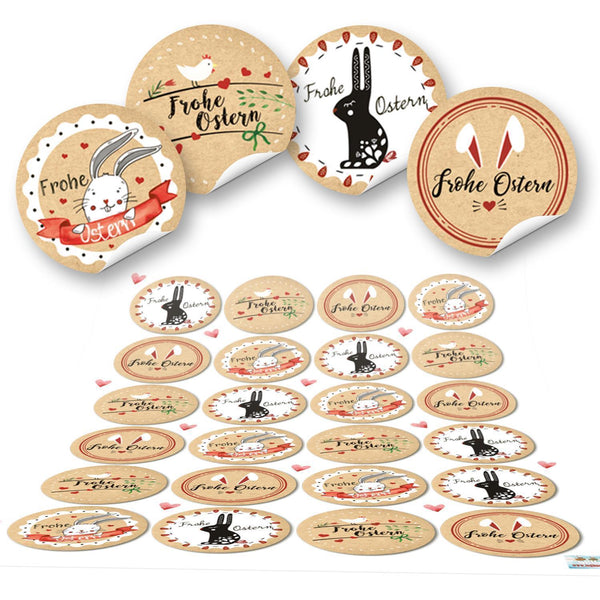Ostersticker Frohe Ostern braun weiß rot Ø 4 cm selbstklebend 48 Aufkleber / 2 Bögen