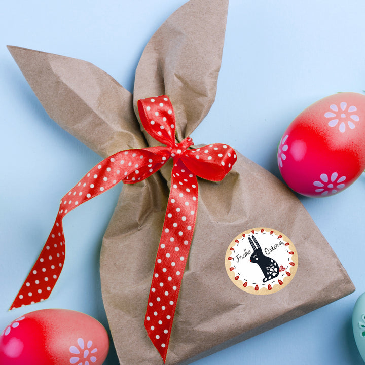 Ostersticker Frohe Ostern braun weiß rot Ø 4 cm selbstklebend 48 Aufkleber / 2 Bögen